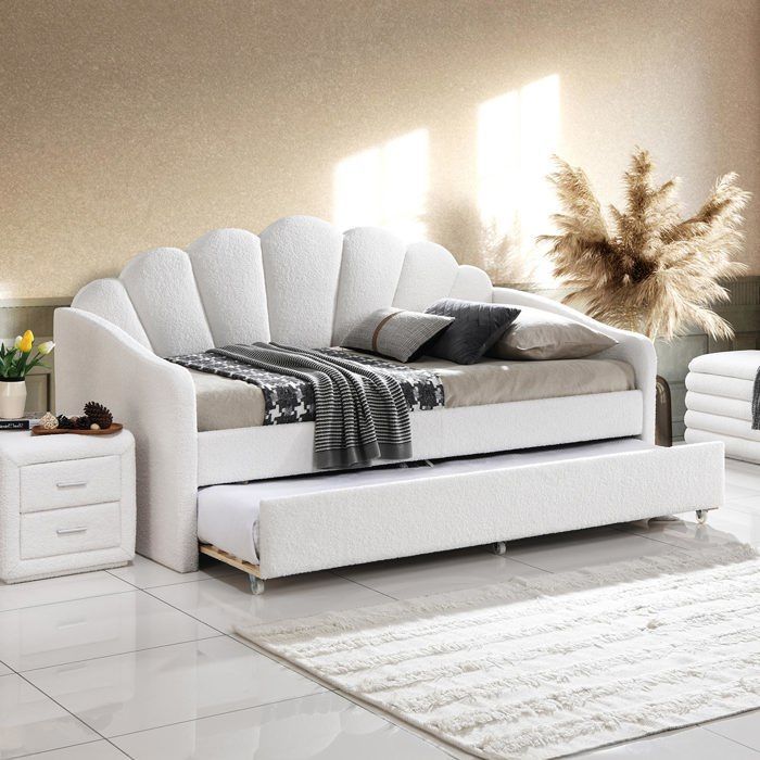 QUEEN - Cama nido en tela bouclé color blanco roto, 90x190 cm