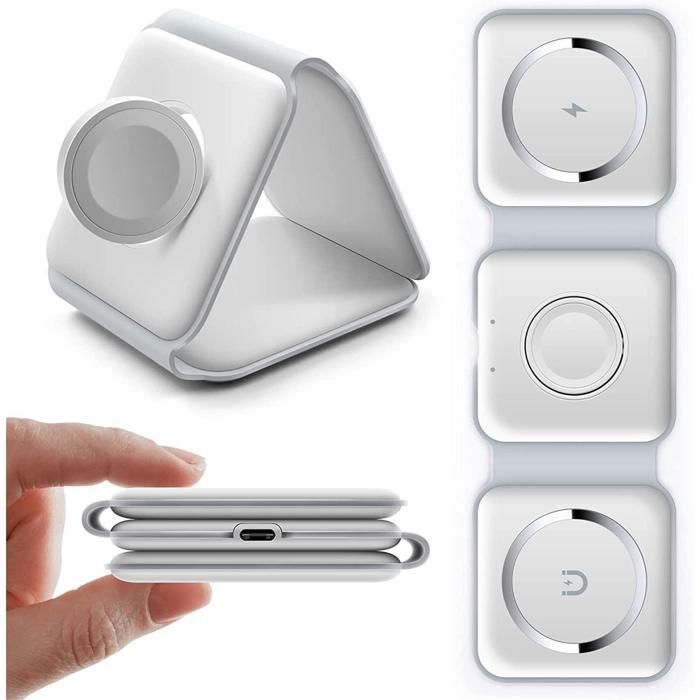 3-in-1 Wireless Charger, Inductive Charging Station, Foldable, for iWatch, Airpods Pro, iPhone and Samsung, 15W