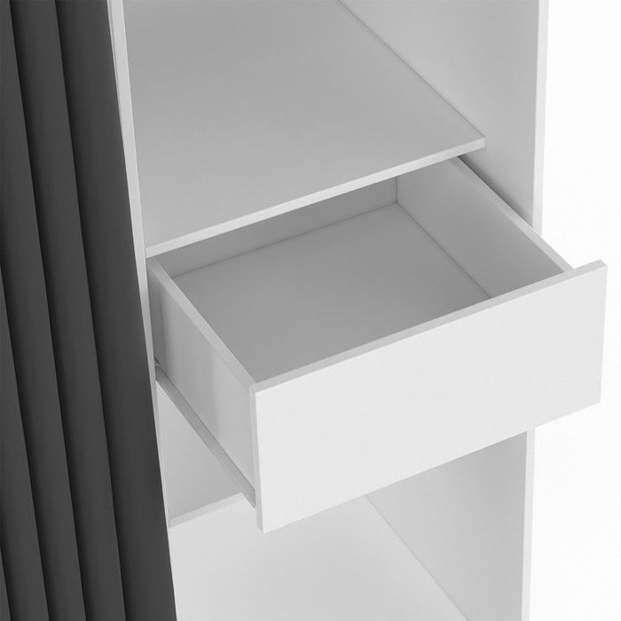 IDMARKET MERYL XXL Armadio doppio estensibile 120/180 cm bianco con cassetti + ripiani + asta appendiabiti + tenda grigia