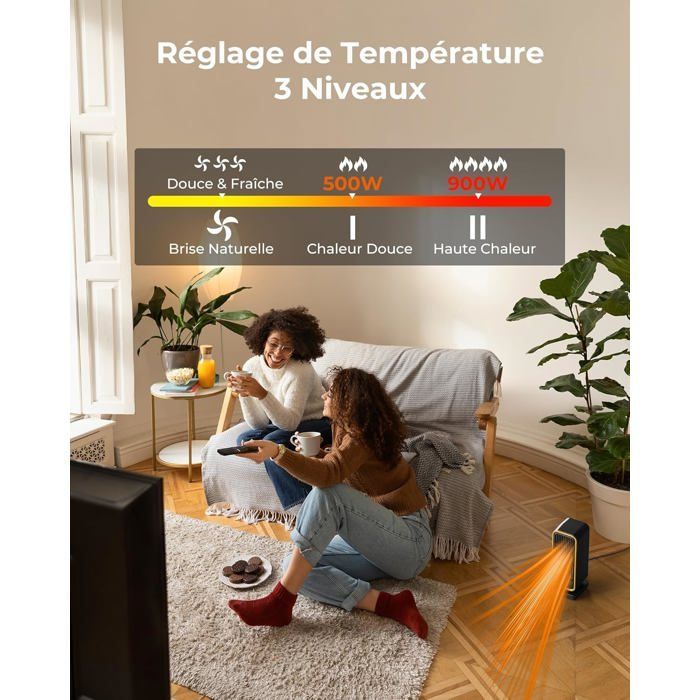 Aquecedor auxiliar - Aquecedor com ventilador PTC de 900 W, 3 modos, proteção contra tombamento/superaquecimento, aquecedor com ventilador de baixa eficiência energética