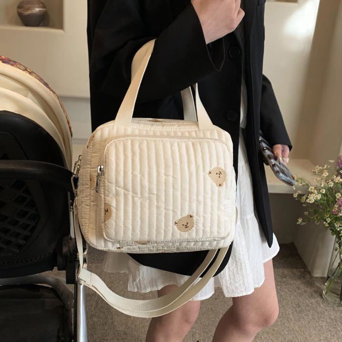 Large Quilted Bear/Flower Diaper Bag, Multifunctional, Adjustable Shoulder Strap, Cotton, Diaper Pouch.