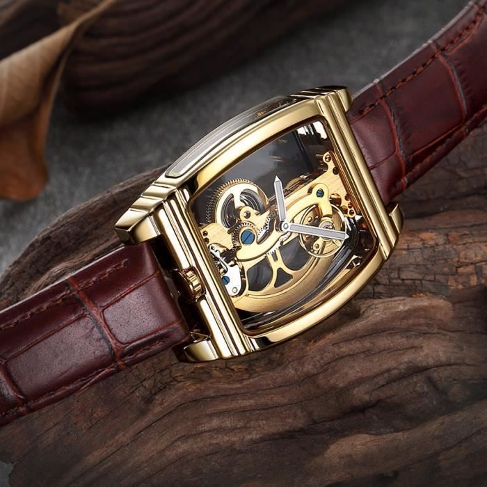 Top luxury men's transparent automatic mechanical skeleton gear watch with leather strap