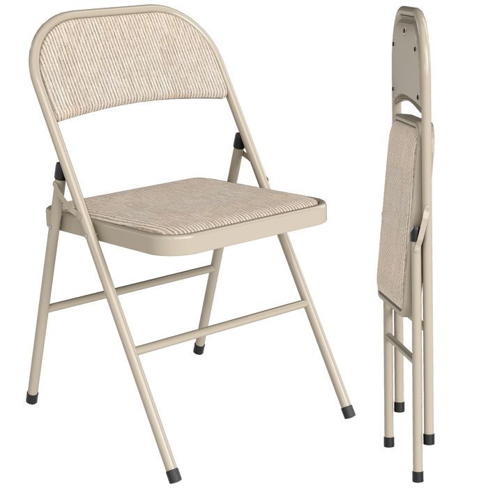 Conjunto de 2 cadeiras dobráveis HOMCOM, cadeiras de jantar portáteis com almofada de linho e estrutura de aço bege.