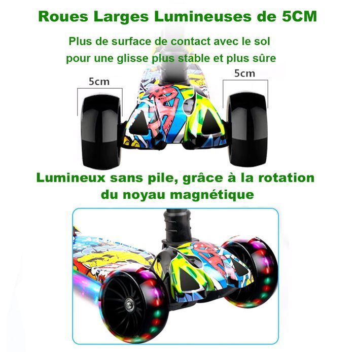 Patinete infantil con luces y música, asiento extraíble y plegable, ruedas anchas, altura regulable, capacidad máxima de 100 kg.