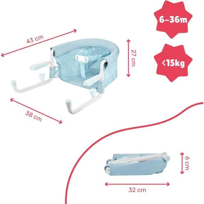 Seggiolone da tavolo Badabulle con sistema di fissaggio a 4 bracci, chiusura ultra compatta, da 6 a 36 mesi.