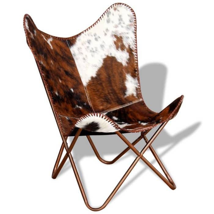 Silla mariposa - Piel auténtica - Marrón y blanco - 1 plaza - Estilo vintage - Para interior