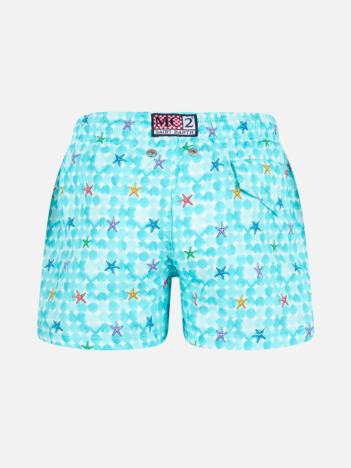 Costume da bagno da bambino azzurro con stampa stelle marine e tessuto