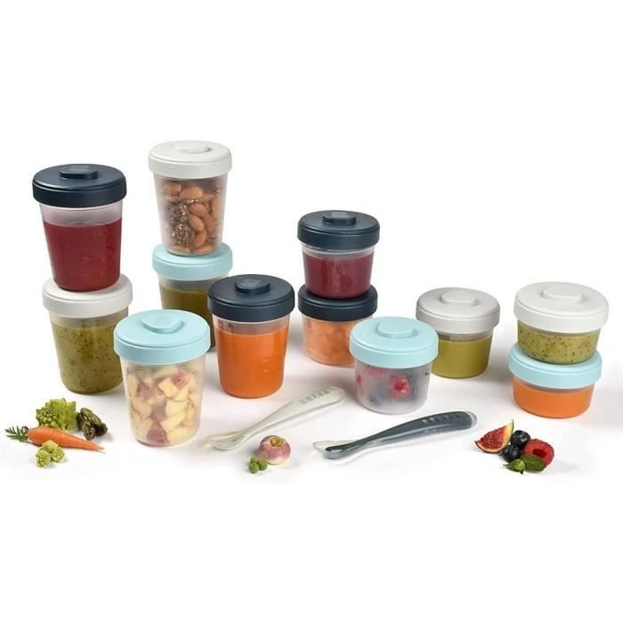 BÉABA - Confezione da 12 porzioni e 2 cucchiai in silicone - Kit per il primo pasto - Tempesta
