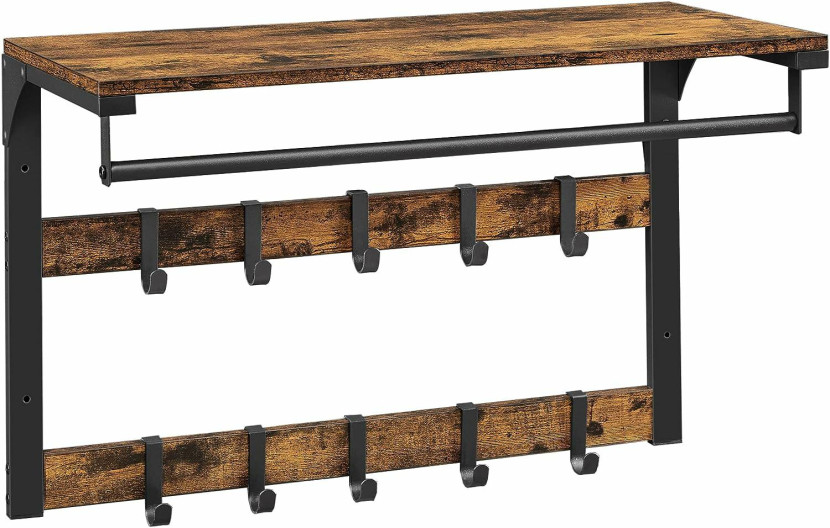 Industrialna Półka Ścienna z Wieszakiem na Ubrania Brązowo-Czarna 80 cm