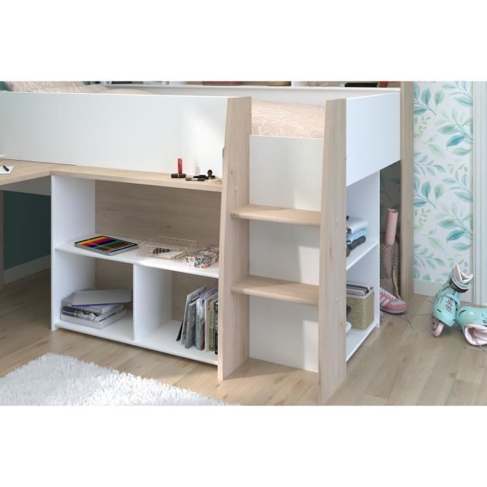 Cama infantil combinada PARISOT con escritorio retráctil - Acabado en blanco y roble - 90 x 200 cm - Base de láminas incluida - THEO