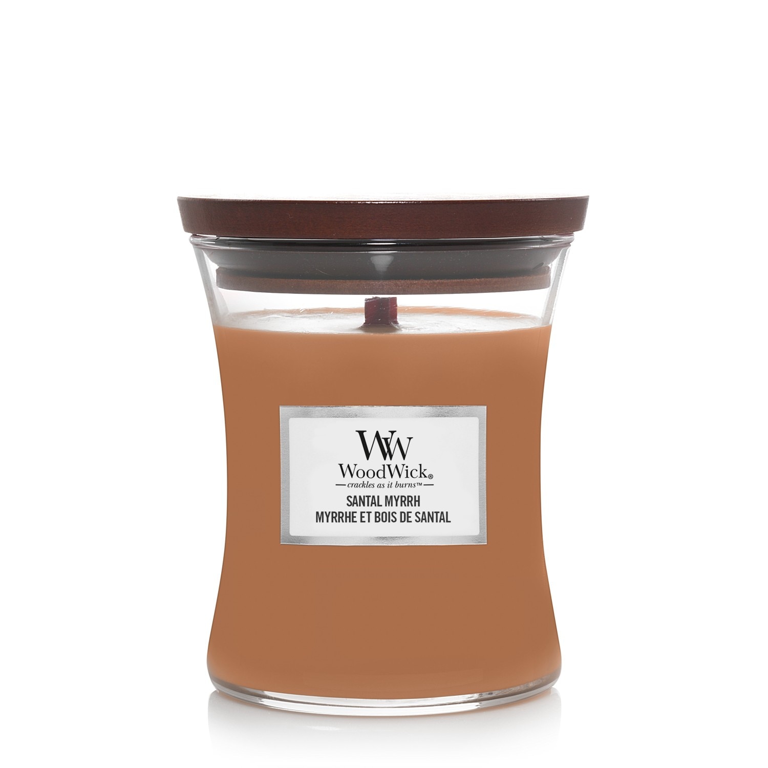 Vonná svíčka WoodWick ve skleněné dóze, střední velikost, vůně Santal Myrrh - 275 g