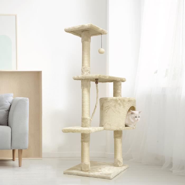 PALOMA Arbre à chat beige 40 x 40 x 114cm -  3 plateformes, 1 corde, 1 niche , poteaux à griffer