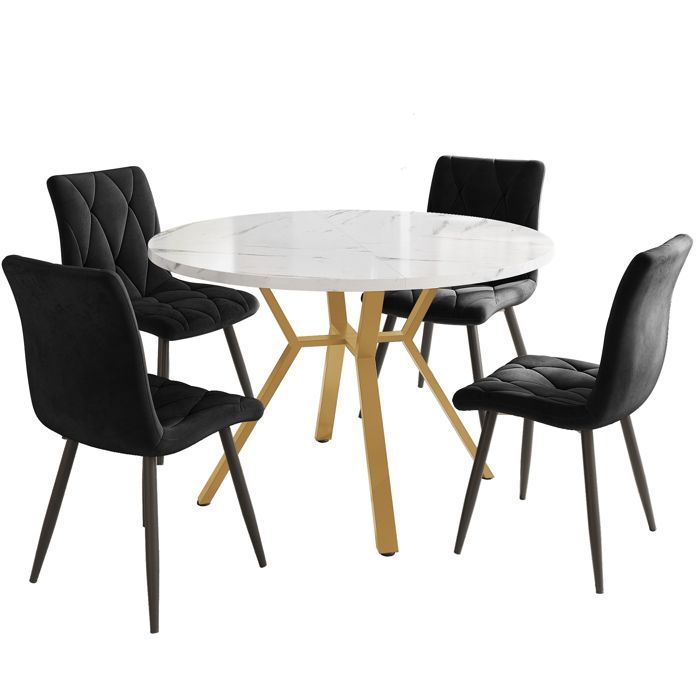 Set da pranzo con tavolo e sedie - Set in marmo e velluto - Tavolo rotondo effetto marmo - Base in metallo dorato - 4 sedie in velluto nero