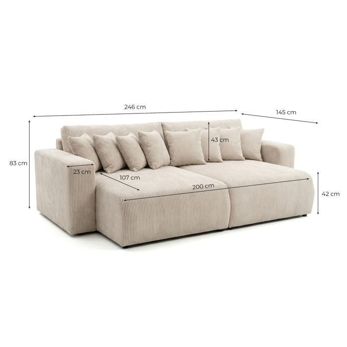 Sofá recto de 4 plazas JADE con doble chaise longue y asiento profundo en terciopelo de pana - Beige