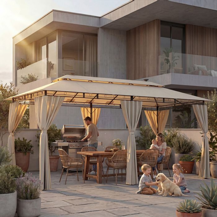 Tonnelle de Jardin 3x6 avec Éclairage, Imperméable Deluxe Tonnelle,Pergola Jardins Exterieur pour 8-10 Personnes, Beige
