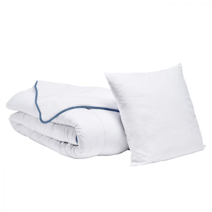 Juego de cama individual para cama de 90x190 cm: edredón de peso medio de 140x200 cm + almohada de 60x60 cm. Para todas las estaciones. Fabricado en Francia. BLEU CALIN.