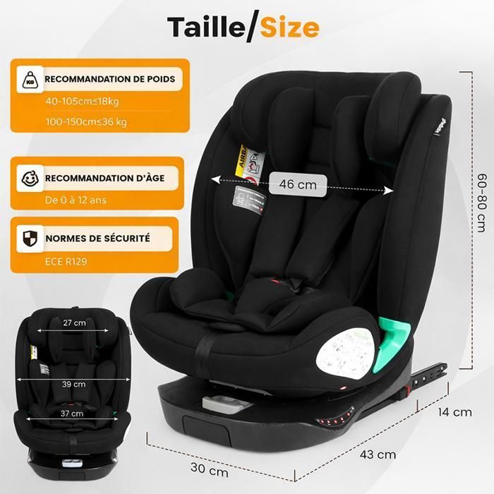 Siège auto i-Size 360° ISOFIX + Top Tether 40-150 cm, dos/face route, ECE R129, noir