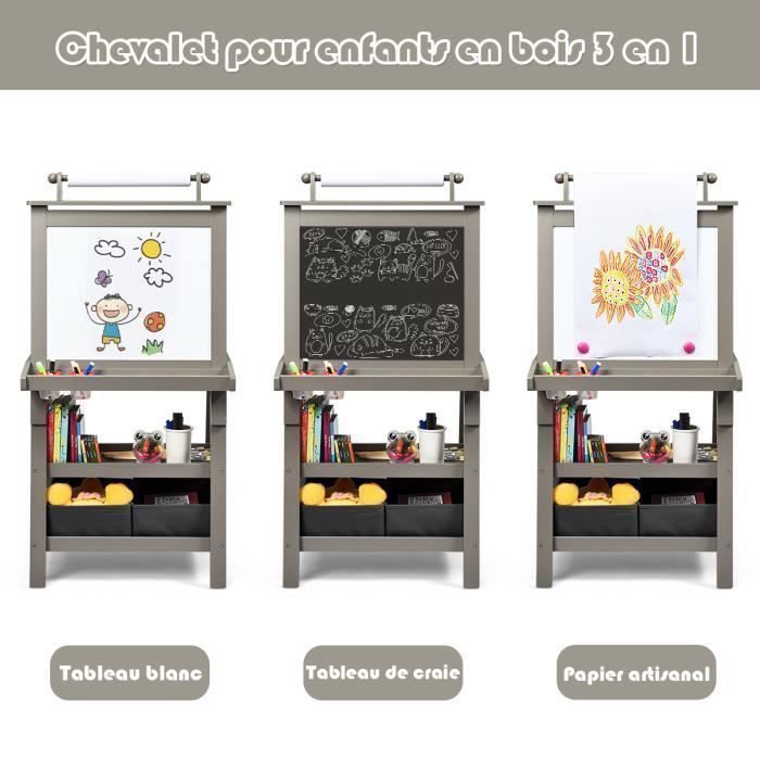 Cavalete magnético infantil COSTWAY branco e preto, com rolo de papel (papel incluído), 3 prateleiras e 2 caixas organizadoras, cinza.