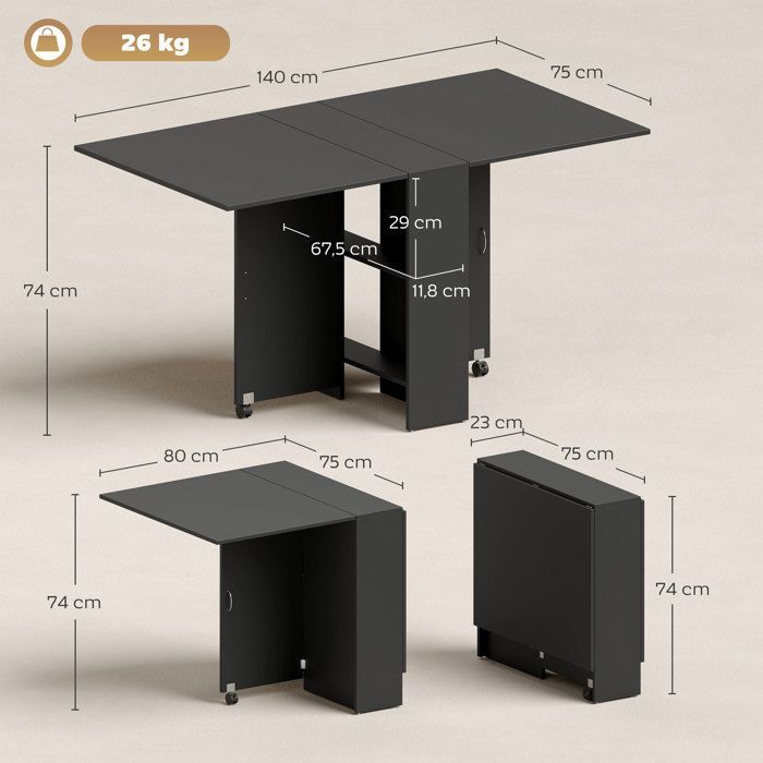 HOMCOM - Table pliante de cuisine - Panneau de particules - 75x140x74cm - Noir
