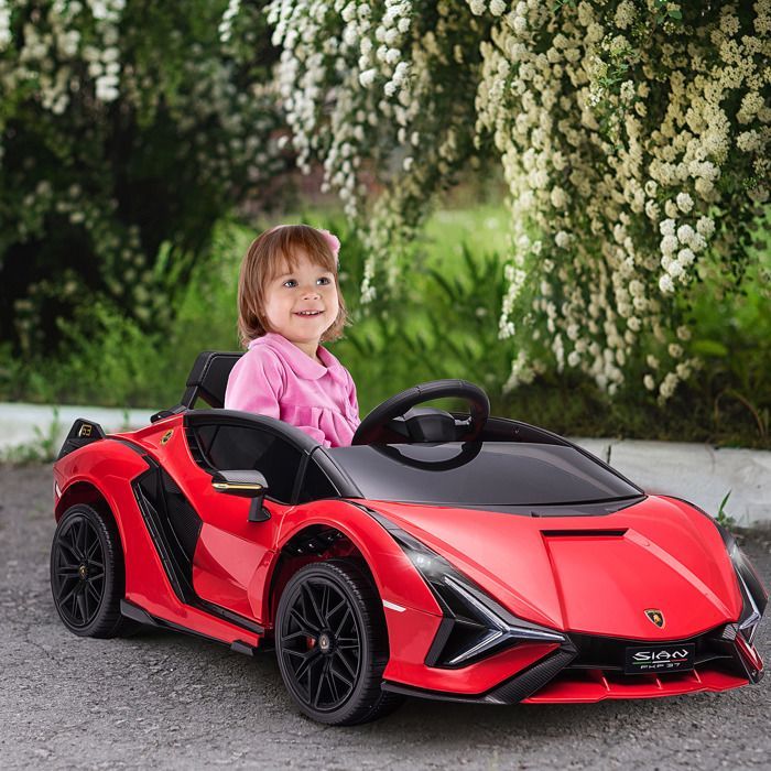 Coche eléctrico infantil - HOMCOM - Lamborghini Sian 12V con mando a distancia 2.4G, efectos de sonido y luces LED - ABS - Rojo