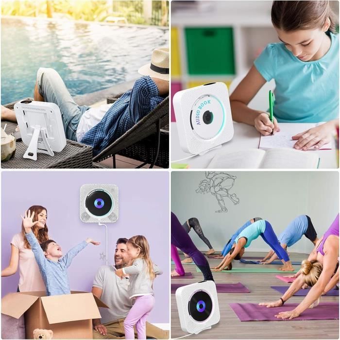 Reproductor de CD portátil UVERBON, reproductor de DVD de montaje en pared, Bluetooth, altavoces HiFi integrados, radio FM, MP3, conector para auriculares de 3,5 mm, entrada auxiliar.