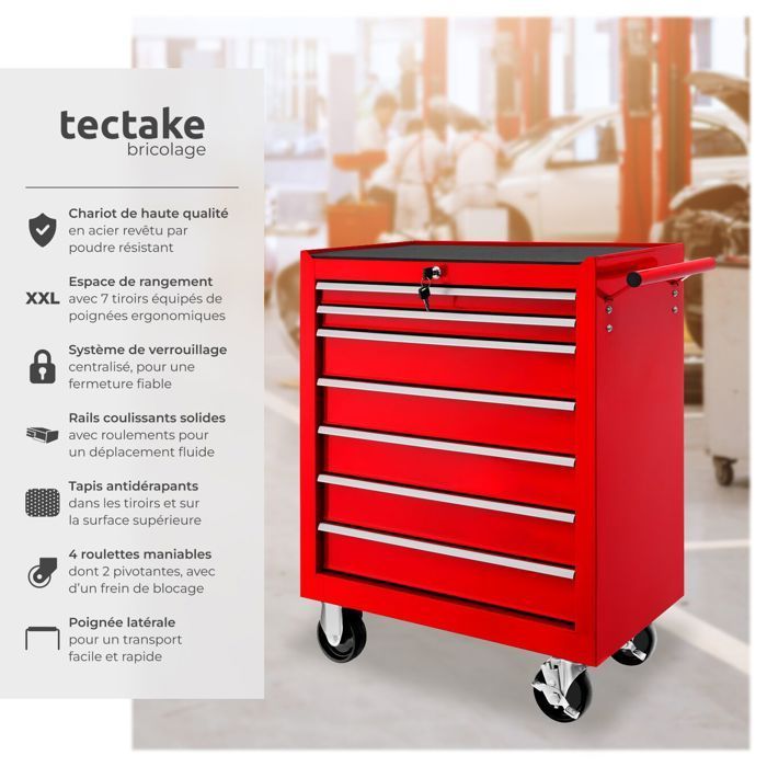 Carrello da officina - TECTAKE - Carrello da officina in acciaio con 7 cassetti, 69 x 33 x 79 cm - Rosso
