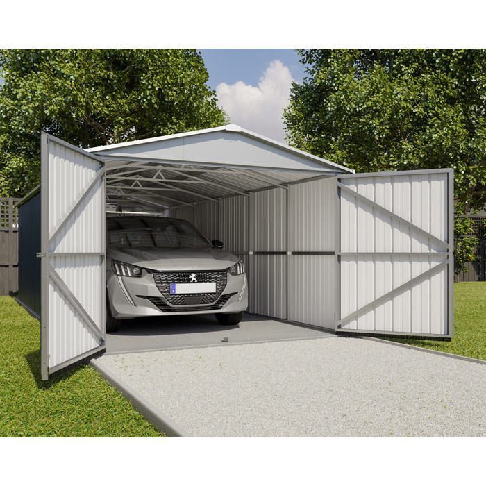Yardmaster 20m² Grijze metalen garageoverkapping + verankeringsset