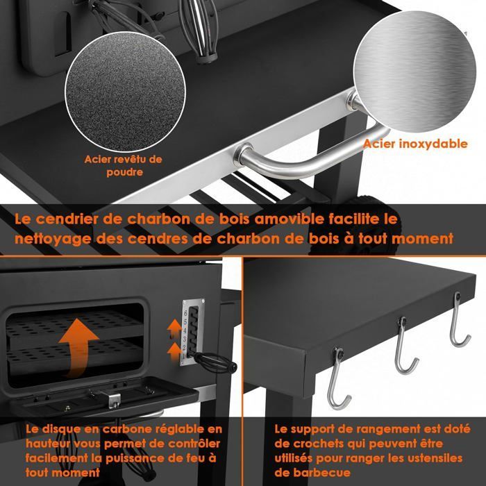 Grote houtskoolbarbecue met deksel, grillrooster, wielen en thermometer, handvat, rookbarbecue, 130 x 137 x 49 cm, grijs