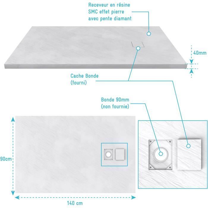 Plato de ducha de resina SMC con efecto piedra - AURLANE - Blanco - 90 x 140 cm - Pendiente de diamante - 40 mm de espesor