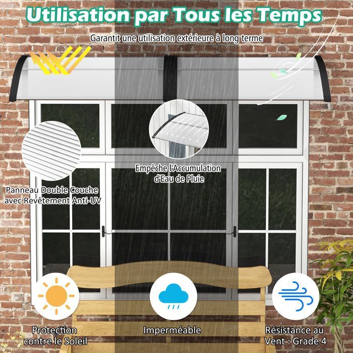 COSTWAY Auvent Marquise de Porte et Fenêtre 122 x 99 cm-en Polycarbonate Transparent-Protection contre Soleil,Pluie,Neige-Noir