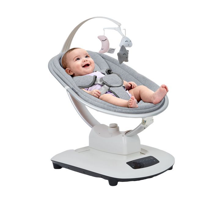 Mecedora eléctrica para bebé con 5 movimientos, velocidad regulable, mando a distancia, reclinable, arnés de 5 puntos y nanas - gris claro