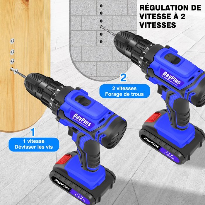 Perceuse Visseuse Sans Fil 21V, Visseuse Devisseuse Sans Fil pour Bricolage avec batterie & Chargeur, 45N.m