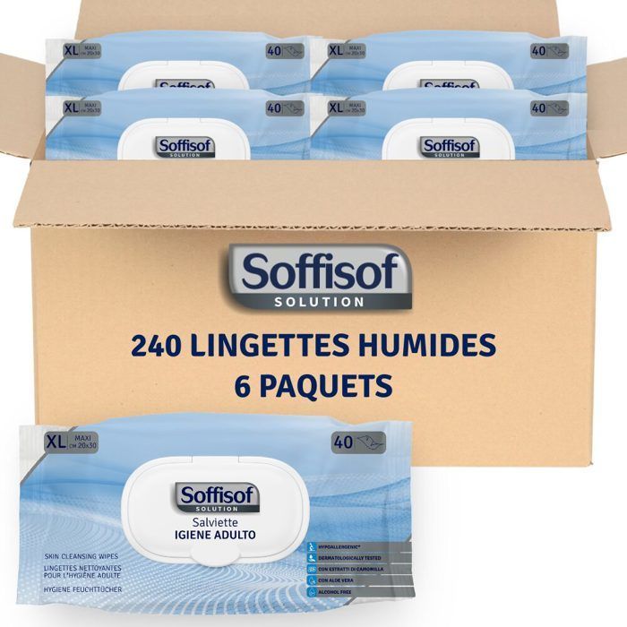 Soffisof Lingettes Hygiène Adulte XL - 240x Lingettes Nettoyantes Corps, 6 Paquets - Adultes, Personees Agées, Patients Alités