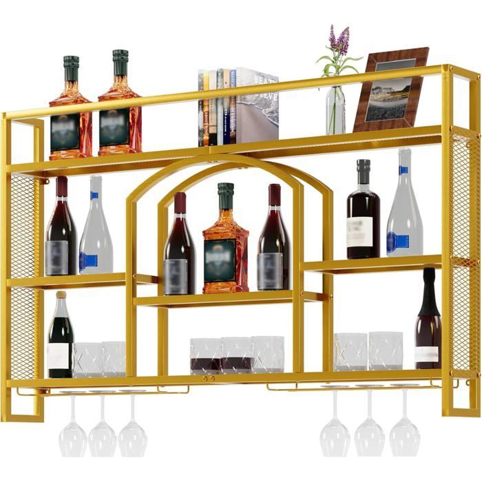 GOOBUY 140cm Wall-Mounted Wine Rack, Metal Wine Rack, Wine Glass Holder, with LED Light, Industrial Style, 140x15x81cm, Gold