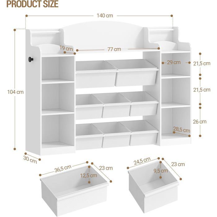 Bibliothèque pour Enfants,étagère en Bois,étagère à Jouets avec 8 boîtes en Non-tissé pour Chambre d'enfant,Blanc,30 x 140 x 104 cm