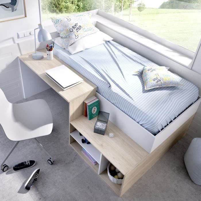 KRIC Children's Combination Bed - Natural Oak and White - Desk and Storage - 90x190 cm