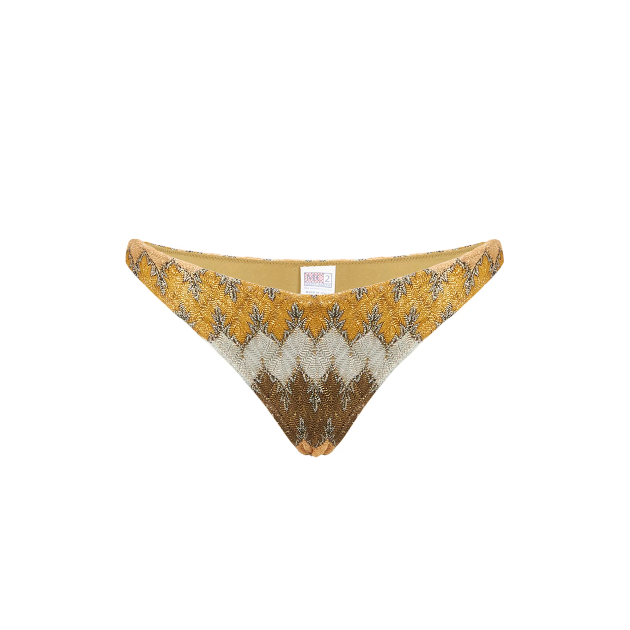 Braguita de baño de punto con estampado de espiga dorado y un toque atrevido.
