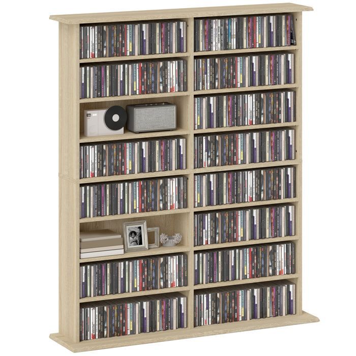 CD and DVD storage unit - HOMCOM - 16 compartments and 12 adjustable shelves - max. capacity 720 CDs/396 DVDs and Blu-rays - natural