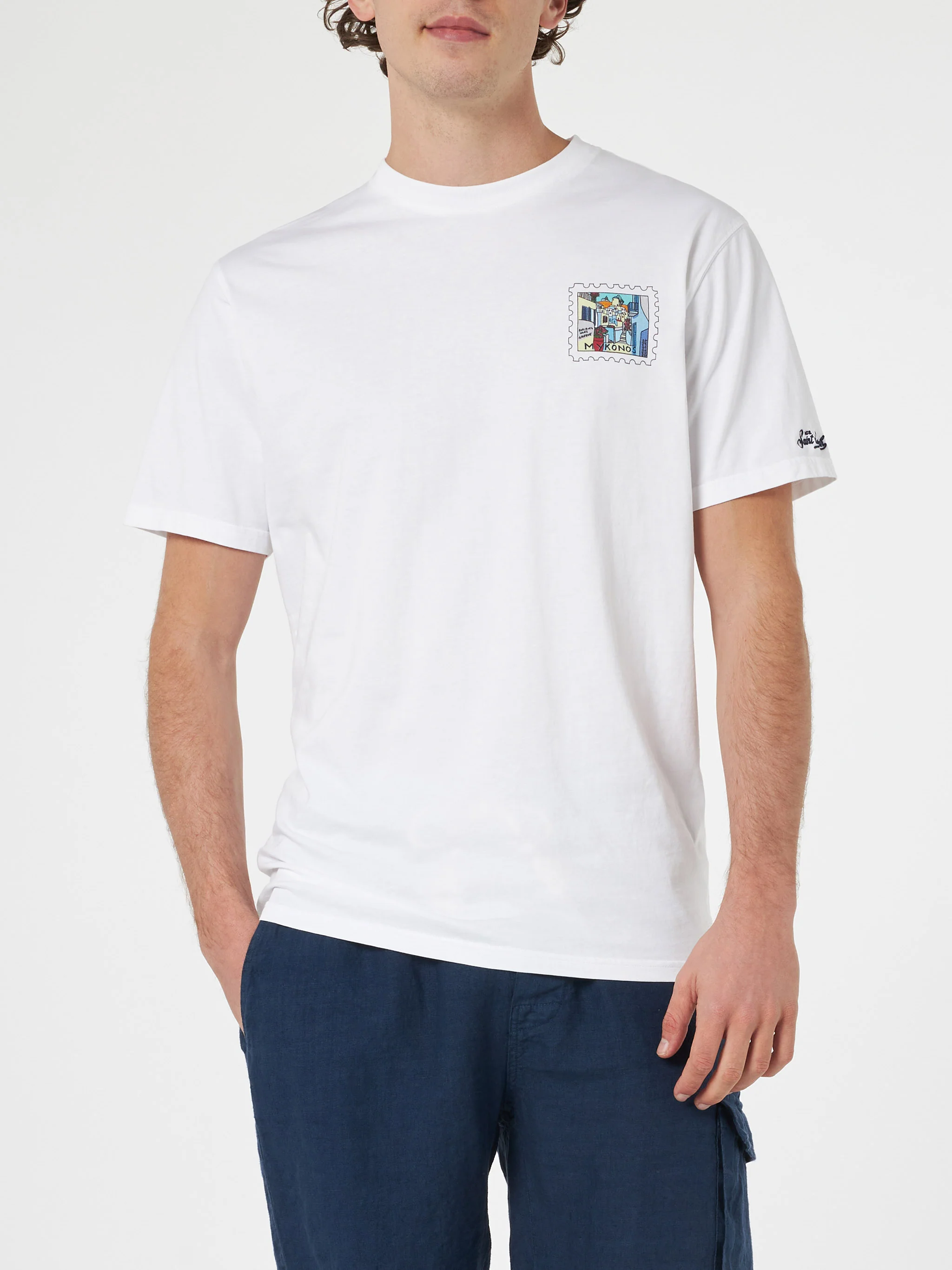 Heren katoenen T-shirt met Mykon-ansichtkaartprint op voor- en achterkant