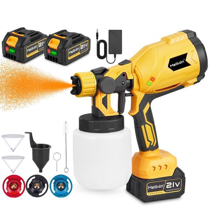 MELLWIN Cordless Electric Paint Sprayer 1000ML, 3 Nozzles 1/1.8/2.5 mm, 2 x 3000mAh Batteries