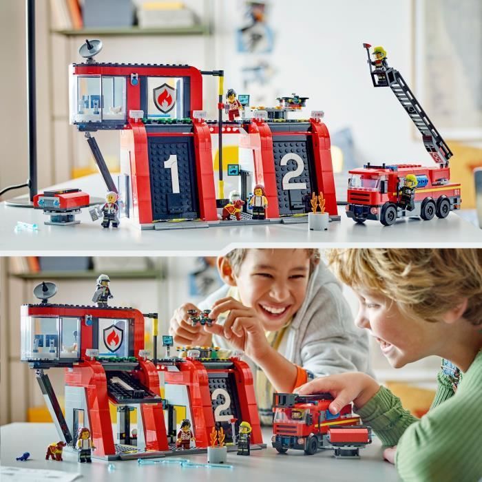 LEGO® 60414 City La Caserne et le Camion de Pompiers, Jouet de Figurine de Chien et 5 Minifigurines, Cadeau Enfants