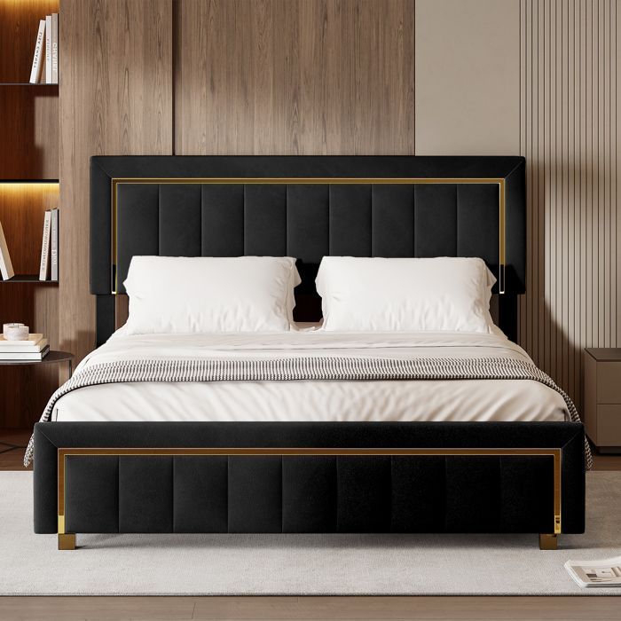 Opbergbed 160 x 200 cm, volwassenenbed, gestoffeerd bed met hoofdbord, fluwelen stof, bedframe met hydraulische hendel, zwart