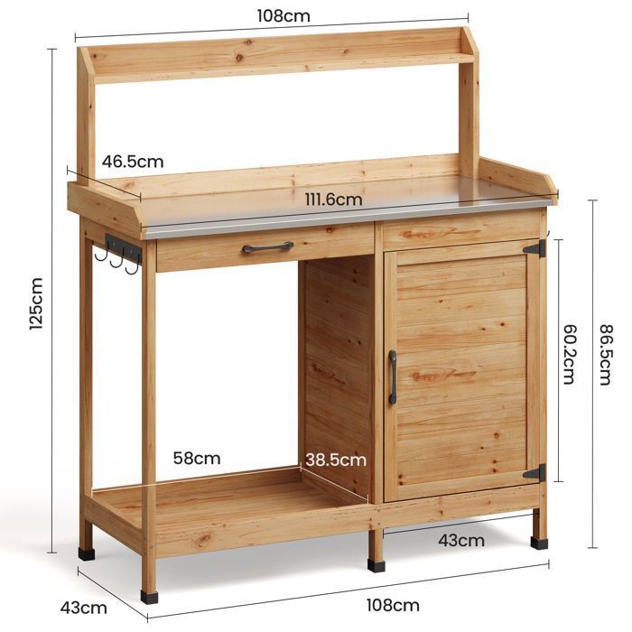 Tavolo da giardinaggio Bealife - Mobile da giardino per esterni - Legno di abete - Piano in metallo - 6 ganci - 1 anta - 1 cassetto