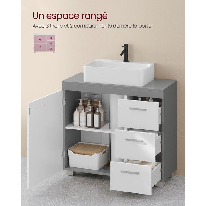 Vanity Unit - VASAGLE - 3 Side Drawers - 2 Compartments - White and Grey