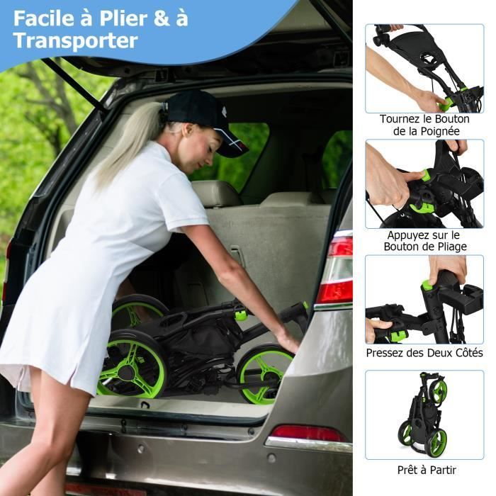 Carrito de golf plegable de 4 ruedas COSTWAY con correa elástica, soporte ajustable para paraguas y portavasos, bolsa con revestimiento de aluminio, color verde.