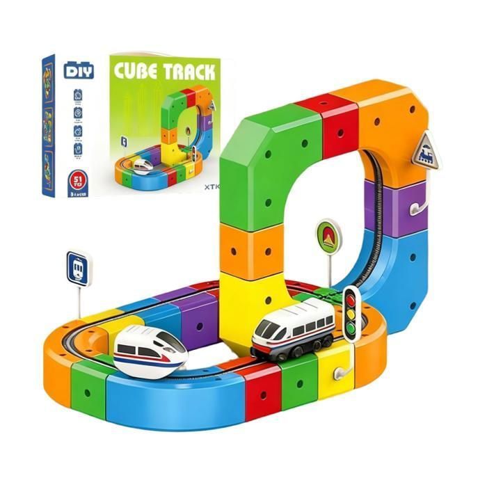 3-Piece Electric Train Set, Flexible Magnetic Racing Track, Gravity-Defying 3D Construction Tracks (51 Pieces)