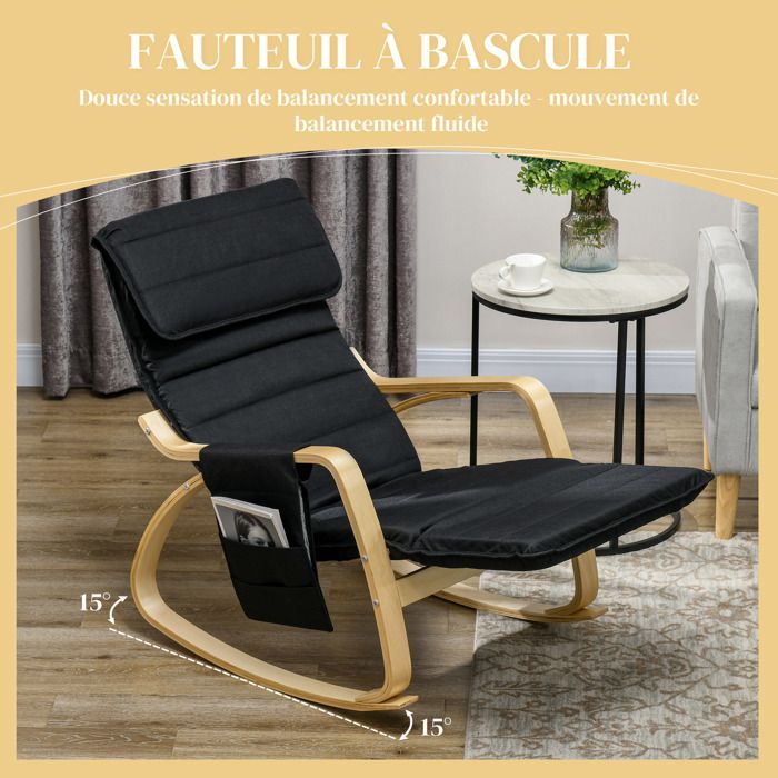Fauteuil relax à bascule - HOMCOM - fauteuil allaitement avec repose-pieds réglable, poche latérale et appui-tête, noir