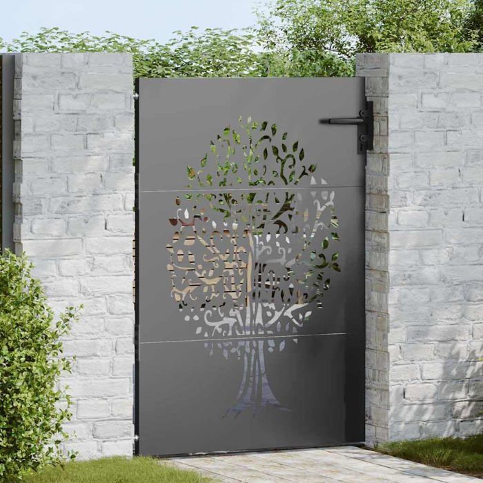 Puerta de jardín de acero - vidaXL - 85x125 cm - Negra - Diseño de árbol cortado con láser - Resistente a la intemperie