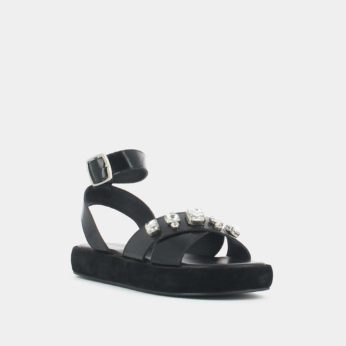 Sandales à brides croisées et strass  en cuir glacé noir