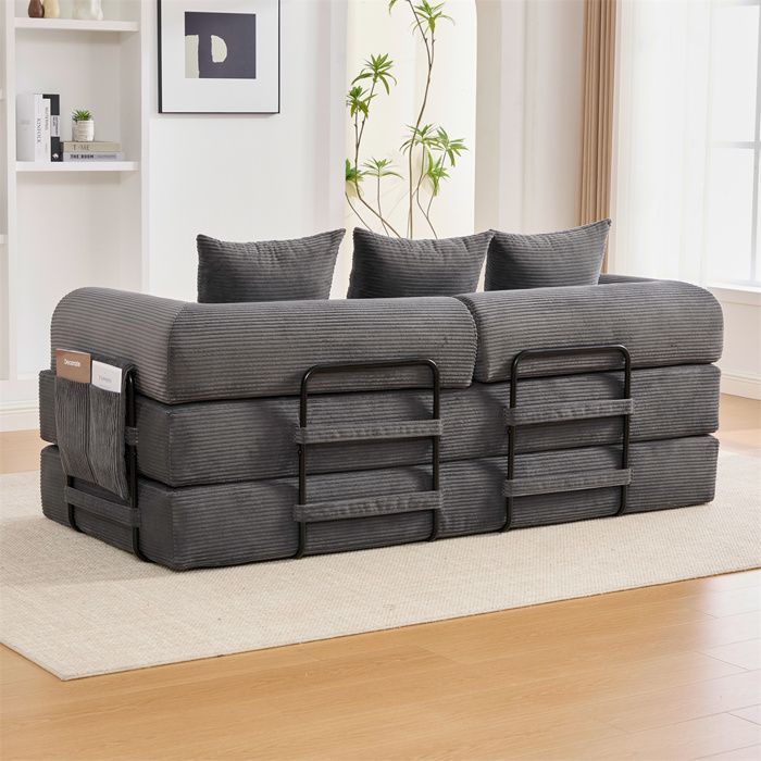 DRIPEX Canapé compressé 4-en-1 Pliable,Canapé modulable 3 places avec structure métallique,poches latérales et 3 coussins,Gris